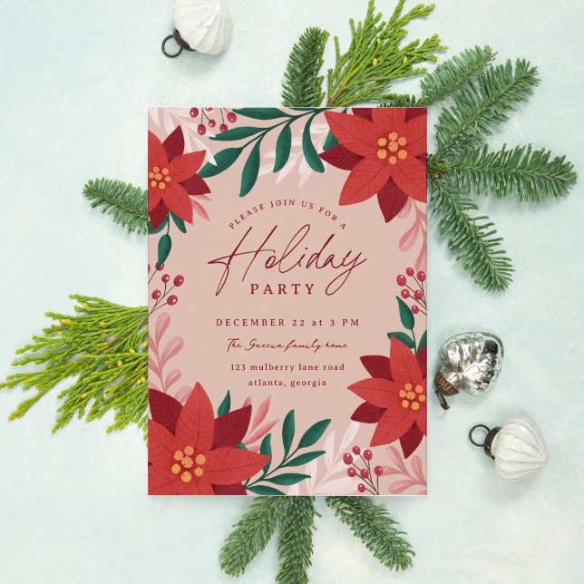 Invitación Fiesta festiva de las flores de Poinsettia (beige holiday party invitation with elegant botanicals and foliage)