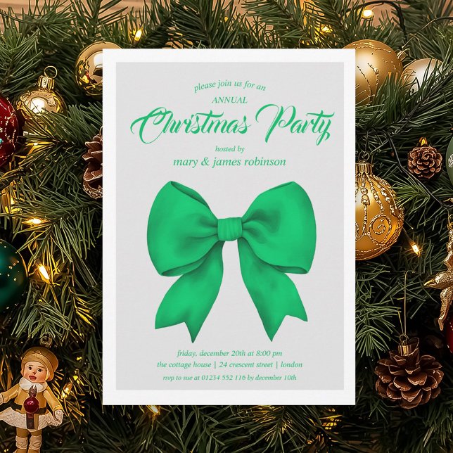 Invitación Fiesta festiva de los Navidades Green Bow (Festive Green Bow Christmas Holiday Party Invitation)