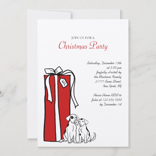 Invitación Fiesta festivo de Navidades de perros rojos y blan (Anverso)