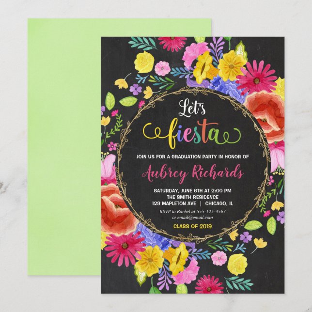 Invitación Fiesta fiesta de graduación acuarelas florales (Anverso / Reverso)
