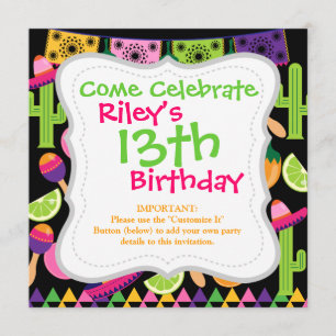 Invitación Fiesta Fiesta Sombrero Cactus Limes Peppers Maraca