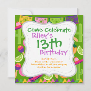 Invitación Fiesta Fiesta Sombrero Cactus Limes Peppers Maraca