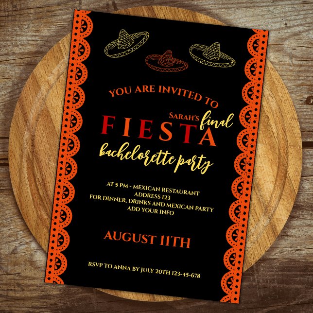 Invitación Fiesta Final Bachelorette Mexicana (final fiesta bachelorette party weekend itinerary invitation red and orange sombreros mexican themed)