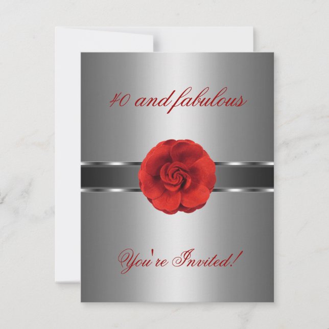 Invitación Fiesta Flor Roja Plateada Fabulosa 40 (Anverso)