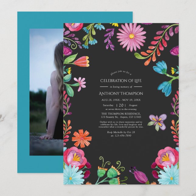 Invitación Fiesta floral acuarela celebración de la vida (Anverso / Reverso)