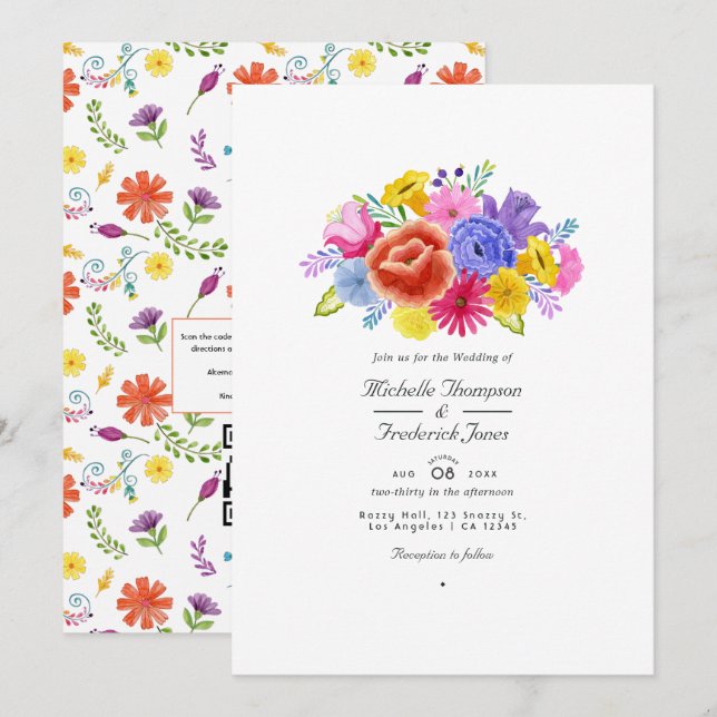 Invitación Fiesta floral acuarela Código QR Boda RSVP (Anverso / Reverso)