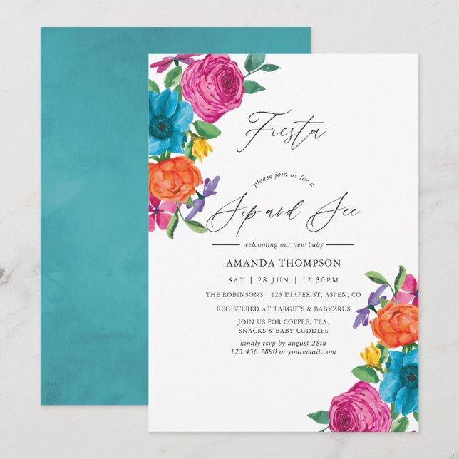 Invitación Fiesta floral acuarela para beber y ver (Anverso / Reverso)