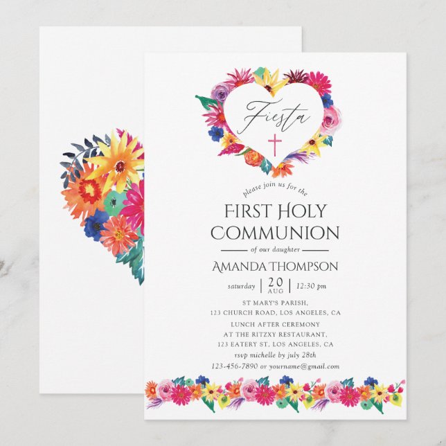 Invitación Fiesta floral acuarela Primera Comunión (Anverso / Reverso)