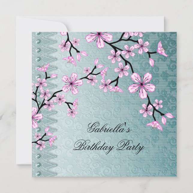 Invitación Fiesta floral asiático Damask Blue Pink Blossom (Anverso)