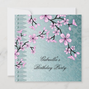 Invitación Fiesta floral asiático Damask Blue Pink Blossom