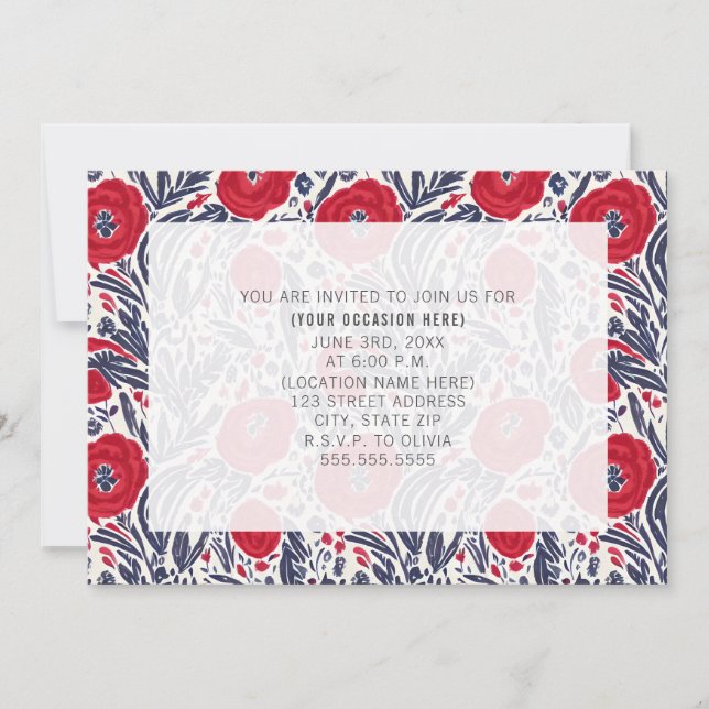 Invitación Fiesta floral azul blanco rojo genérico de todos l (Anverso)