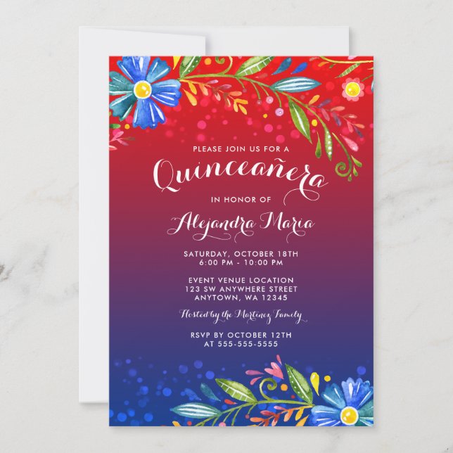 Invitación Fiesta Floral Azul Rojo Quinceanera (Anverso)