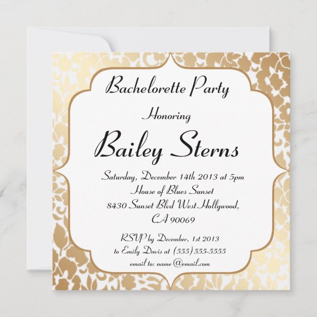 Invitación Fiesta floral blanco de oro metálico de (Anverso)