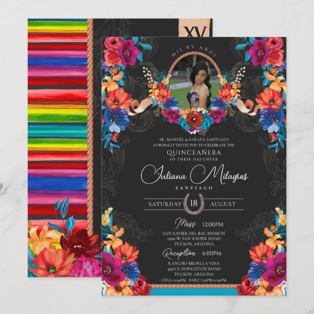 Invitación Fiesta Floral brillante y Serape Charro Quinceaner (Anverso / Reverso)