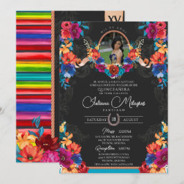 Invitación Fiesta Floral brillante y Serape Charro Quinceaner