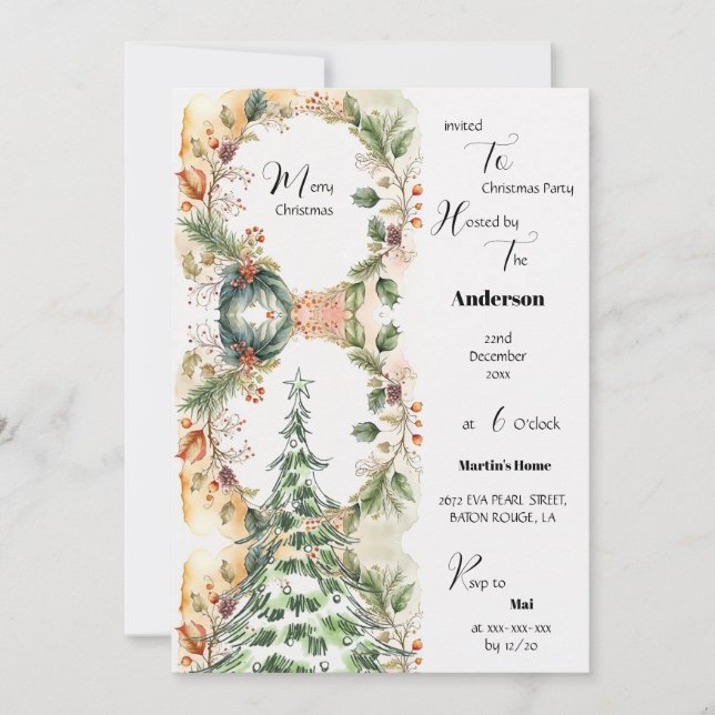 Invitación Fiesta Floral Clásico del Árbol de Navidad Merry (Anverso)