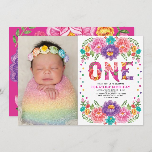 Invitación Fiesta floral cuta Nacho Promedio Primer Cumpleaño (Anverso / Reverso)