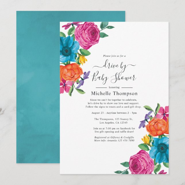 Invitación Fiesta floral de acuarela, regadera de paso (Anverso / Reverso)