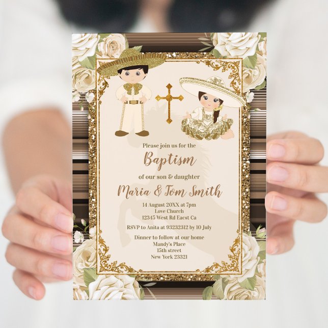 Invitación Fiesta Floral de Bautizo Mexicano para Gemelos Niñ (Subido por el creador)