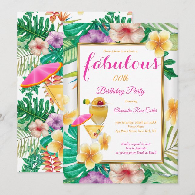Invitación Fiesta Floral de Cóctel Tropical Fabuloso (Anverso / Reverso)