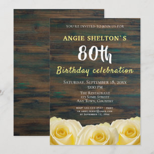 Invitación Fiesta floral de cumpleaños 80 con rosa amarilla r
