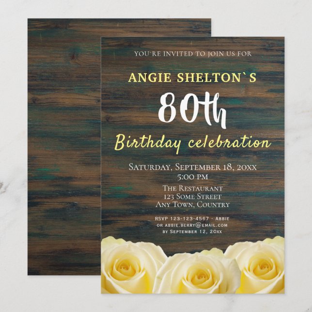 Invitación Fiesta floral de cumpleaños 80 con rosa amarilla r (Anverso / Reverso)