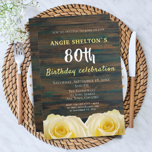 Invitación Fiesta floral de cumpleaños 80 con rosa amarilla r