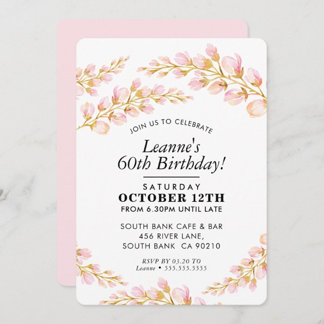 Invitación FIESTA FLORAL DE CUMPLEAÑOS INVITA bonito elegante (Anverso / Reverso)