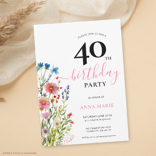 Invitación Fiesta floral de cumpleaños número 40 rosa bonito