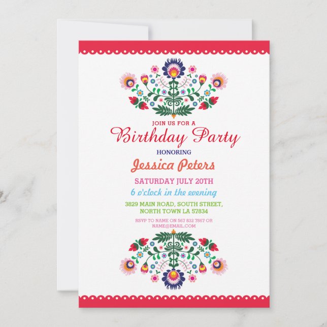 Invitación Fiesta floral de cumpleaños Viva Mexicana Cualquie (Anverso)