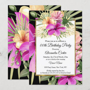 Invitación Fiesta floral de hibisco rosa morado negro tropica