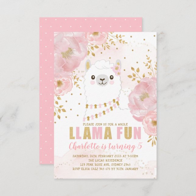 Invitación Fiesta floral de la alpaca de la llama del (Anverso / Reverso)