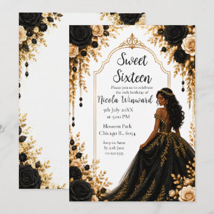 Invitación Fiesta Floral de Oro Negro Sweet Sixteen