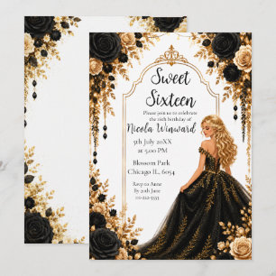 Invitación Fiesta Floral de Oro Negro Sweet Sixteen