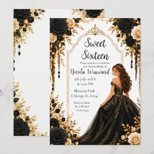 Invitación Fiesta Floral de Oro Negro Sweet Sixteen