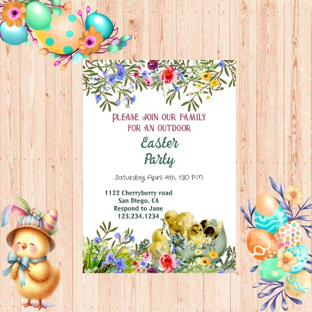 Invitación Fiesta Floral de Pascua de Agua Verde (Watercolor Greenery Chicks Floral Easter Party Invitation)