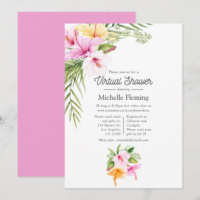 Invitación Fiesta floral de verano tropical virtual para el b (Anverso / Reverso)