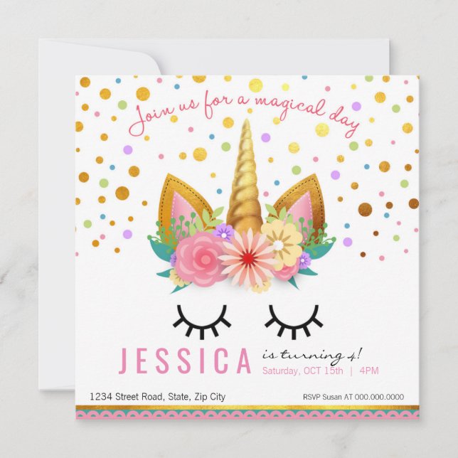 Invitación Fiesta floral del unicornio del oro (Anverso)