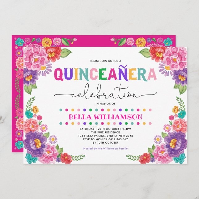Invitación Fiesta floral divertida Quinceañera Fiesta de cump (Anverso / Reverso)