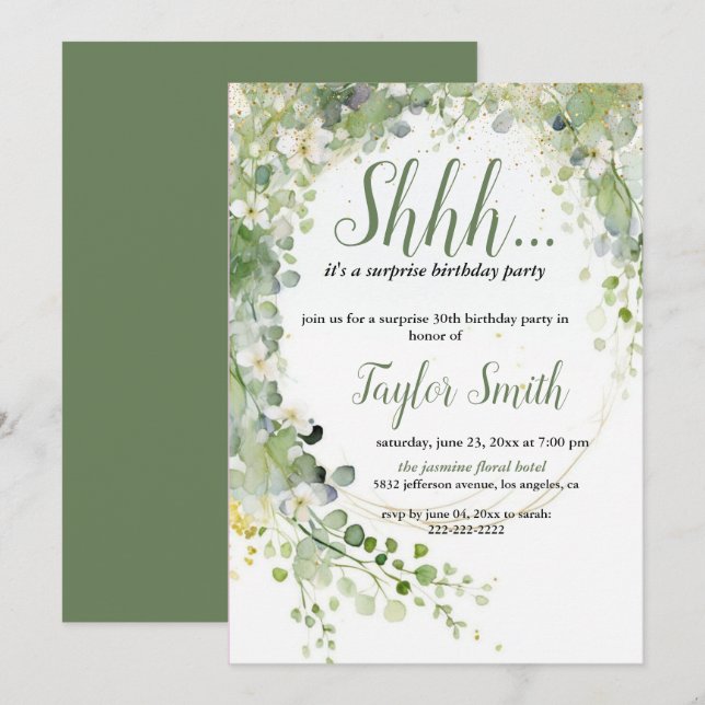 Invitación fiesta floral elegante y verde de sorpresas (Anverso / Reverso)