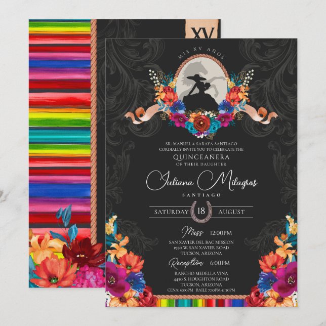 Invitación Fiesta Floral Folclórica Brillante Charro Quincean (Anverso / Reverso)