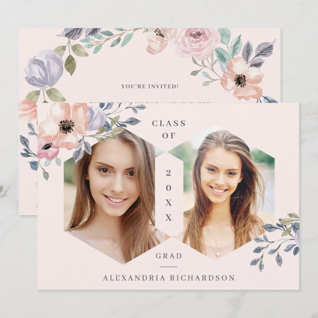Invitación Fiesta floral geométrico rosado del graduado de la (Anverso / Reverso)