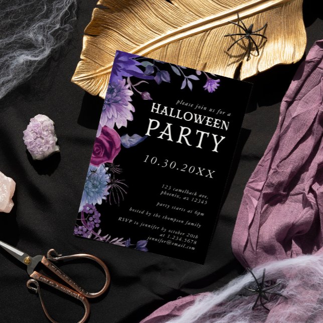 Invitación Fiesta floral gótica púrpura de Halloween (Halloween Purple Gothic Floral Party Invitation)