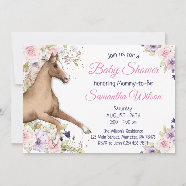 Invitación Fiesta Floral Horse Baby Shower (Anverso)