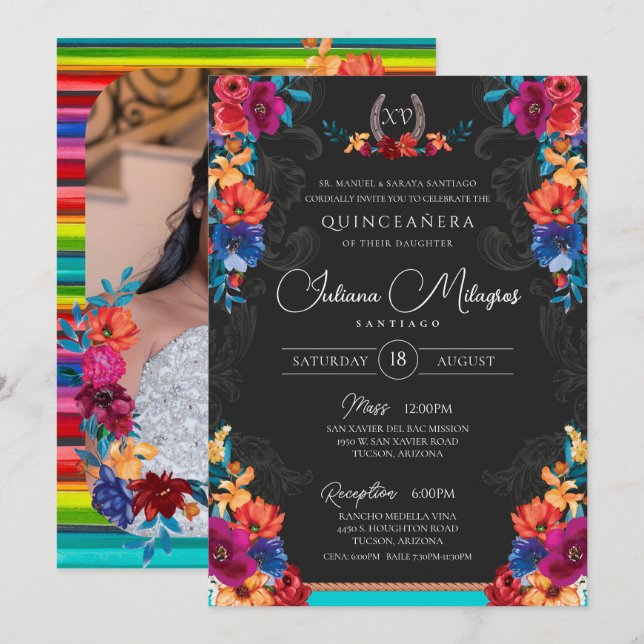 Invitación Fiesta Floral mexicana agrega tu foto Quinceanera (Anverso / Reverso)