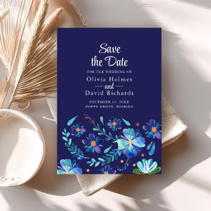 Invitación Fiesta floral mexicana azul marina salva la tarjet