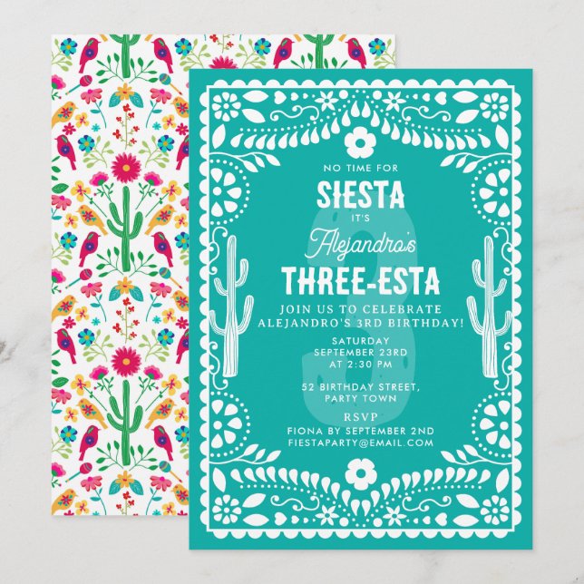 Invitación Fiesta floral mexicana azul turquesa Cumpleaños de (Anverso / Reverso)