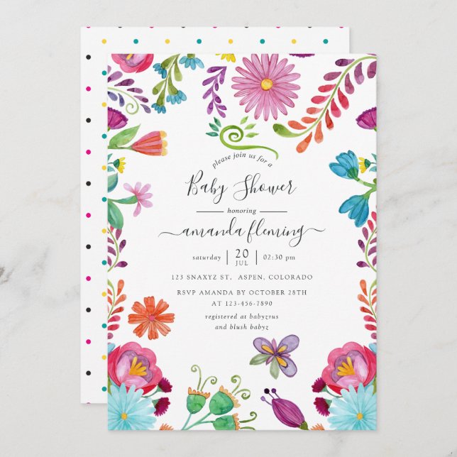 Invitación Fiesta floral mexicana Baby Shower (Anverso / Reverso)