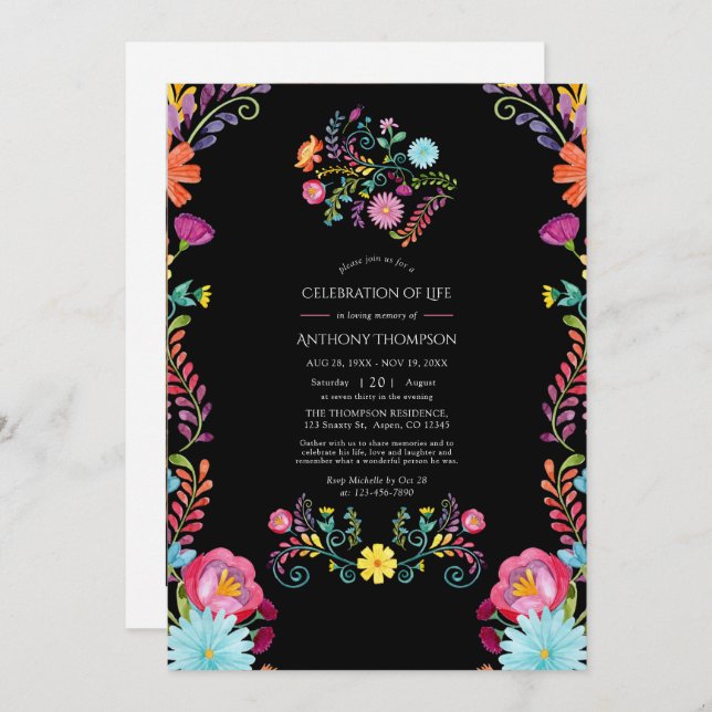 Invitación Fiesta floral mexicana celebración de la vida (Anverso / Reverso)