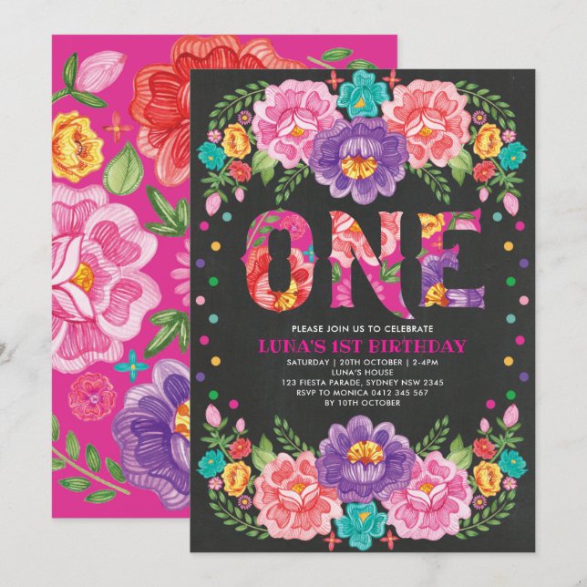 Invitación Fiesta floral mexicana de primer cumpleaños (Anverso / Reverso)
